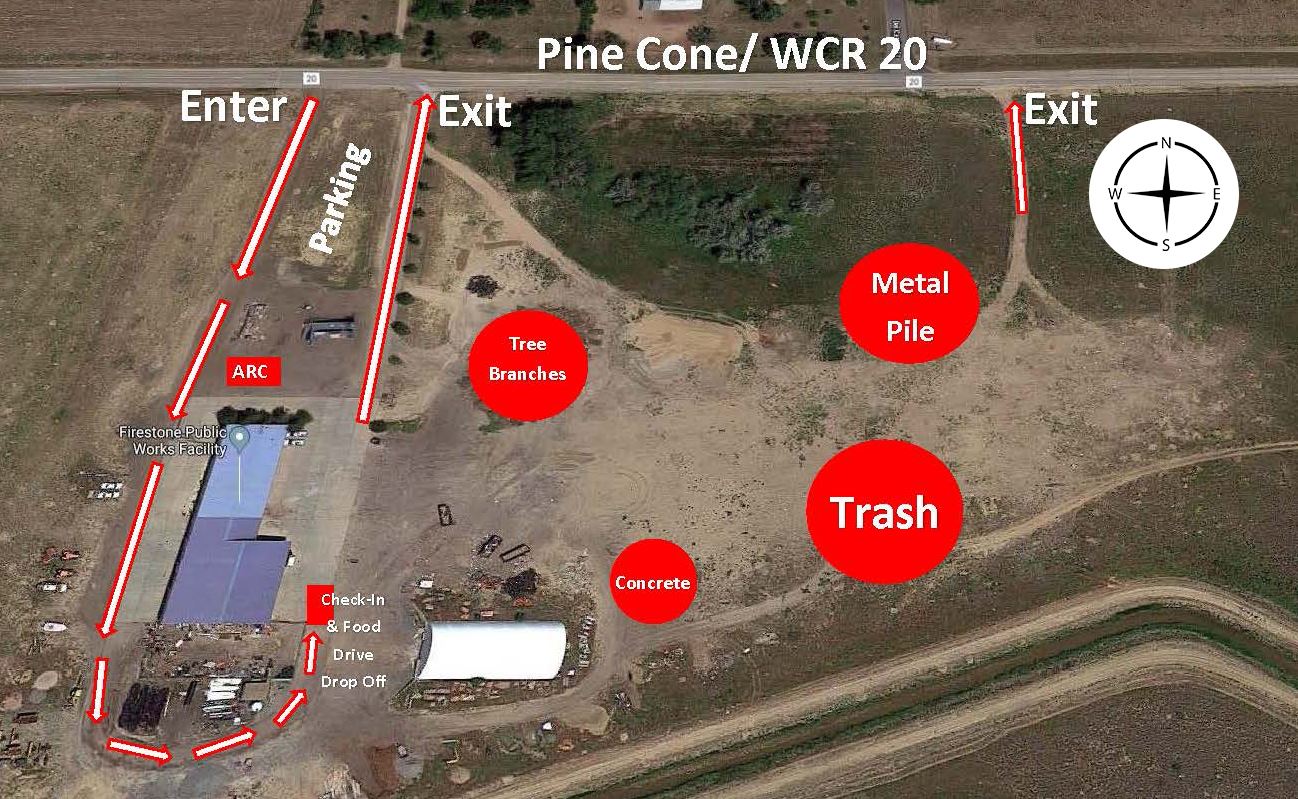 A map of where you enter and exit Public Works. Indicated check in area, and where piles of metal, t